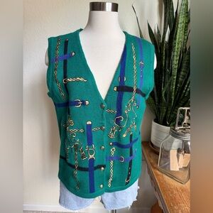 Vintage Equestrian Sweater Vest Green Gold Chain Print Horse Bit Buttons M